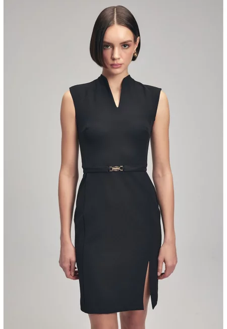 Къса рокля с колан - Черен