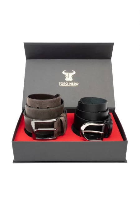 Комплект дамски и мъжки колан - естествена кожа - черно-кафяв - Thick-Industrial - 110см