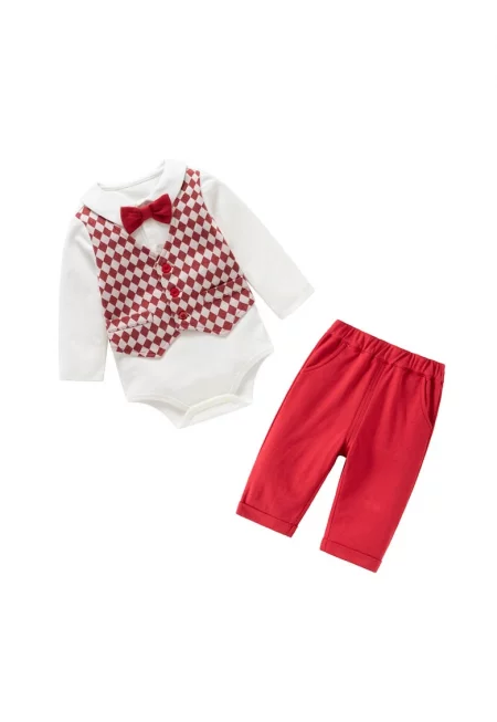 Комплект от 2 части - боди с папийонка и червени панталони за момче