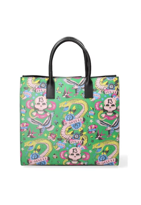 Кожена шопинг чанта с десен - Черен/Многоцветен