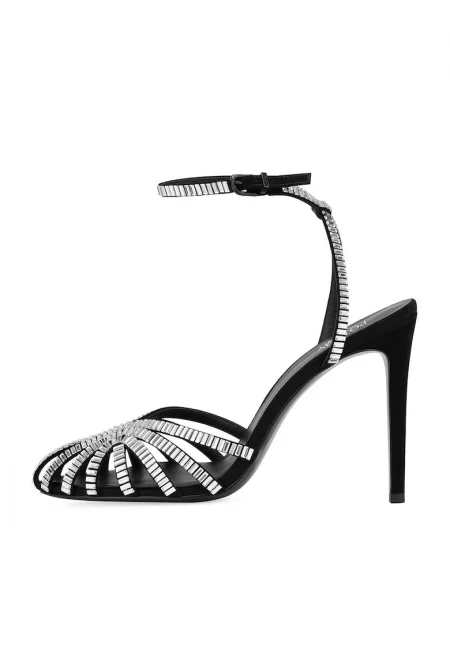 Кожени сандали с декоративни камъни - Черен/Сребрист