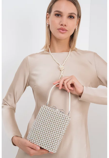 Малка кожена чанта Pearl - Слонова кост/Сребрист