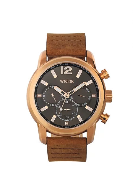 Мъжки часовник  модел WWG200906 - с кварцов механизъм - водоустойчивост 5 ATM - цвят бронз - кафява каишка - кръгла розова стоманена кутия
