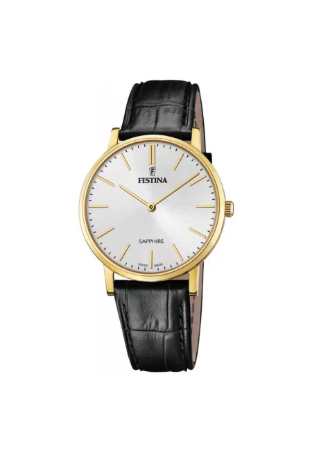 Мъжки часовник Swiss Made -  Стомана/Екологична кожа - 39 mm - Черен/Златен