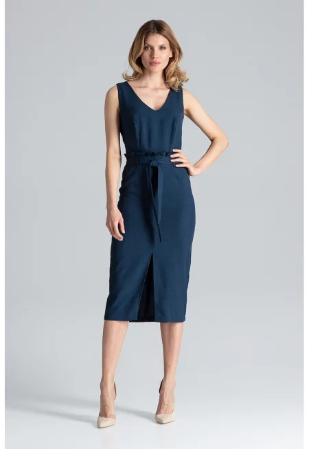 Midi рокля  тъмносиня - V-образно деколте - полиестер