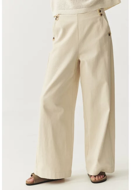 Памучен прав панталон със средна талия - Крем