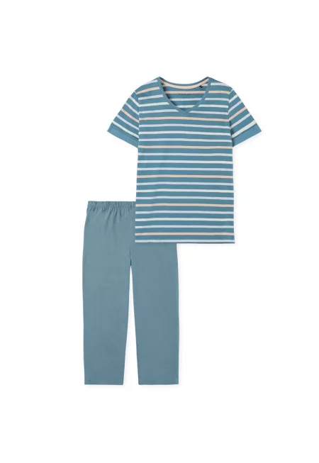 Памучна пижама с райе - Светлосин