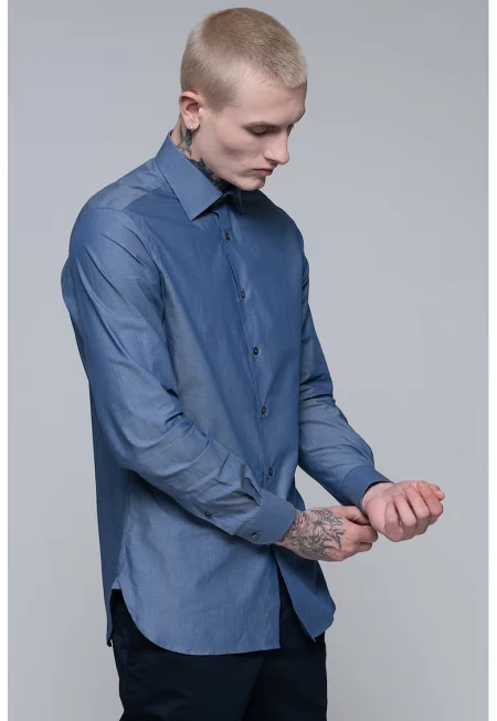 Памучна риза с дълги ръкави - Индигово синьо