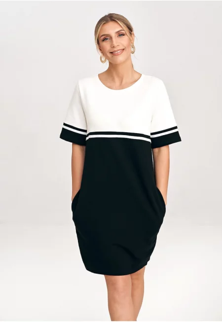 Памучна рокля  M1028 - два цвята - къс ръкав - джобове -