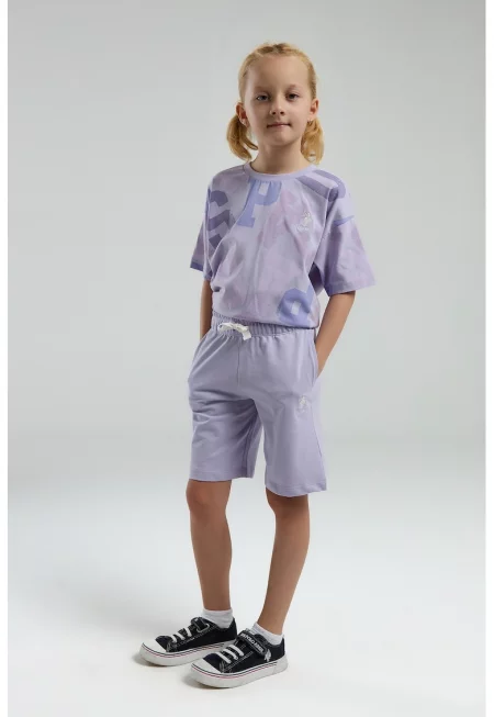 Памучна тениска и шорти с надпис - 2 части - Тъмносин/Лилав