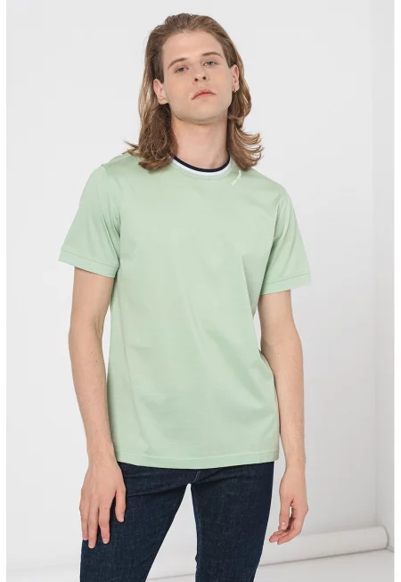 Памучна тениска с овално деколте - Бял/Черен/Светлозелен