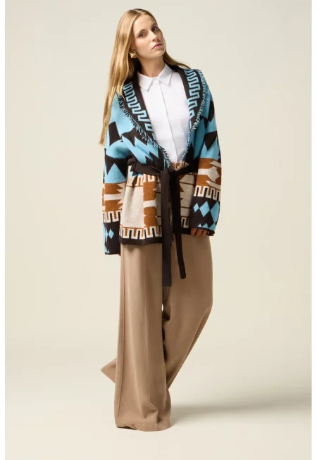 Панталон с широк крачол и висока талия - Бежов