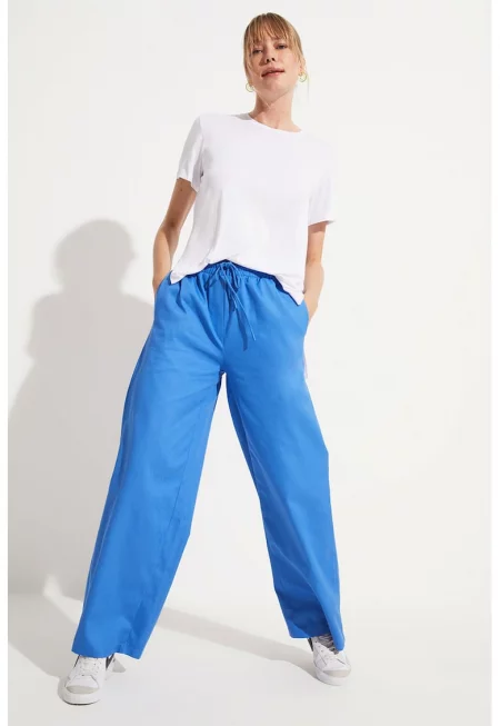 Панталон с широк крачол с връзка - Кралско Синьо