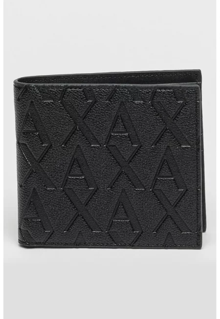 Портфейл с двойно прегъване и релефно лого - Черен