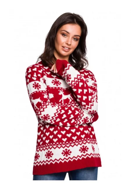 Пуловер с коледна шарка - акрил - червено/бяло.