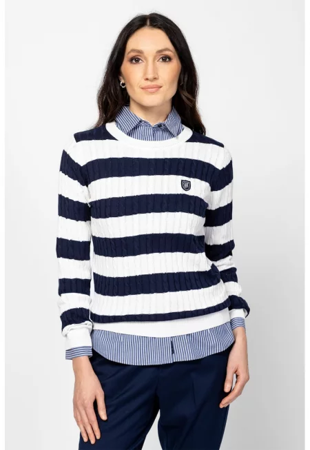 Пуловер с плетка осморка - Ултрамарин синьо/Бял