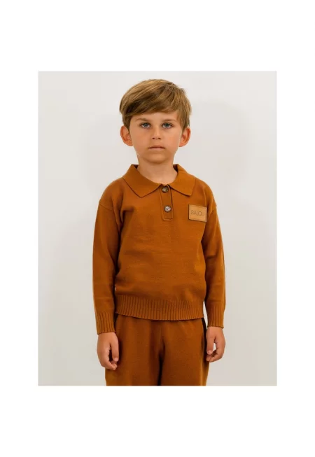 Пуловер с яка и лого - Кафяв