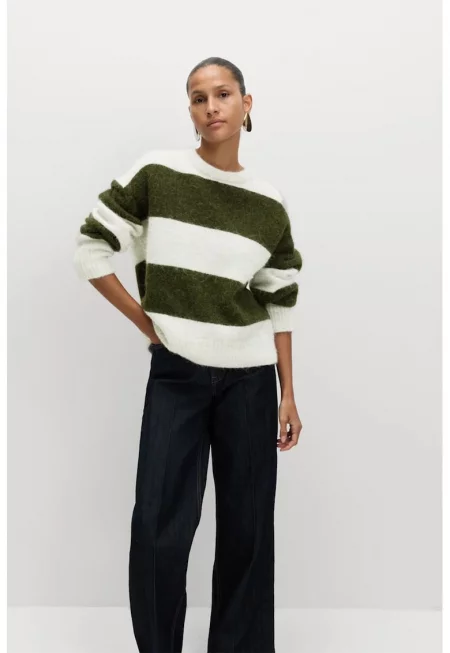 Пуловер със свободна кройка - Бял/Тъмно каки