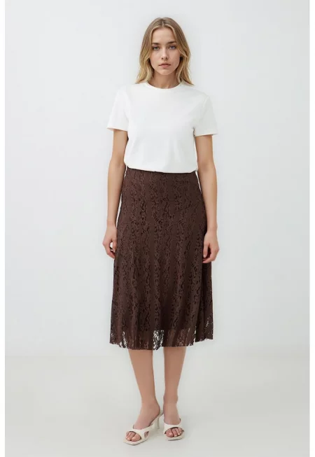 Разкроена миди пола с дантела - Тъмнокафяв