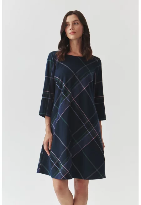 Разкроена миди рокля на каре - Зелен/Розово/Тъмносин