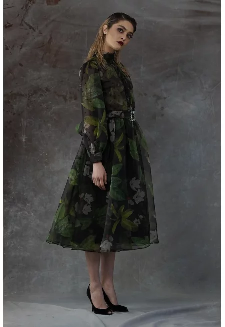 Разкроена рокля Eivissa с бухнали ръкави - Зелен