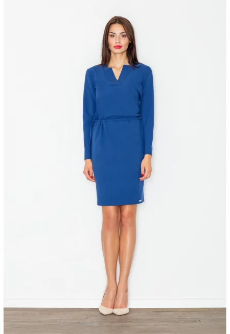 Рокля  елегантна - тъмносиня - дълги ръкави - V-образно деколте - полиестер