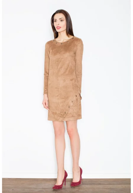 Рокля  M455 - кафява - дълъг ръкав - ластик на талията - полиестер