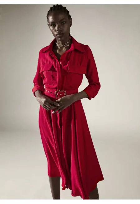 Рокля тип риза миди с широка пола и съответстващ колан Patty - червена