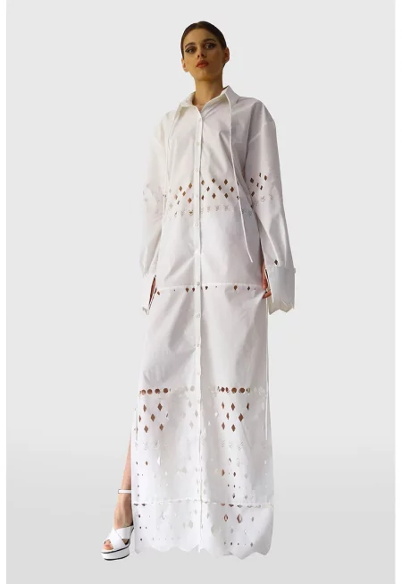 Рокля тип риза с перфорации - Бял