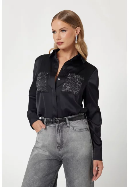 Сатинирана риза с пришити джобове - Черен