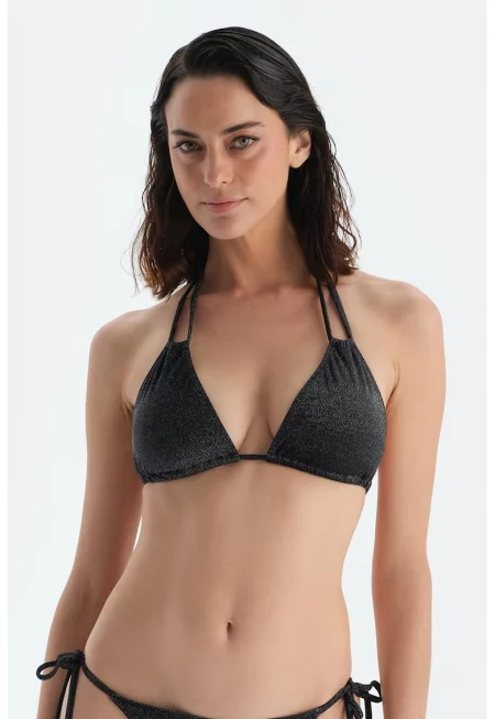 Сутиен с триъгълни чашки - бляскави частици и апликации - Черен