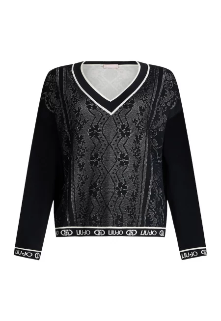 Свободен щпиц пуловер - Черен