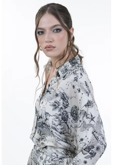 Свободна риза с паднали ръкави - Бял/Тъмносин