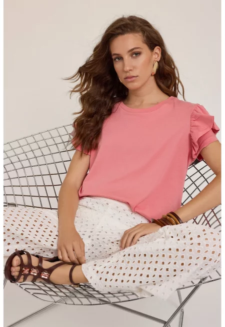 Тениска с овално деколте и набрани ръкави