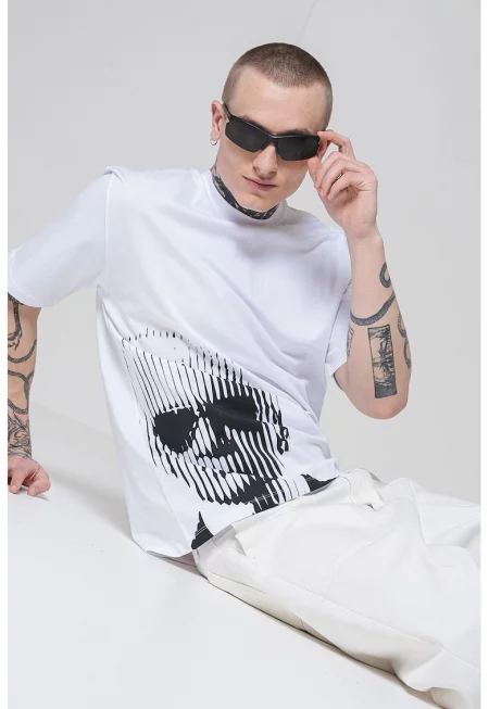 Тениска с овално деколте и принт - Бял/Черен