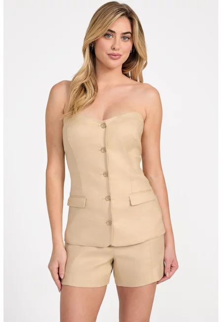 Топ с лен и модал с отделящи се презрамки - Тъмнобежово