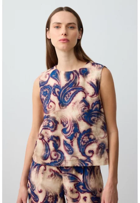 Топ с лен и принт - Бежов/Тъмносин