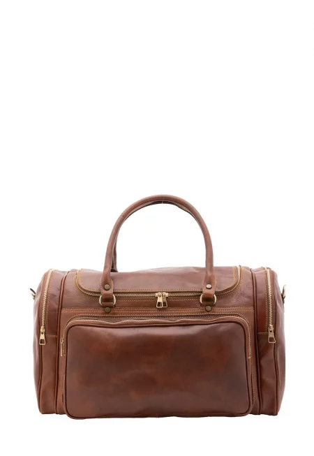 Унисекс кожена пътна чанта с джобове - Кафяв