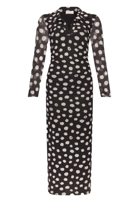 Вталена рокля с шпиц и точки - Бял/Черен