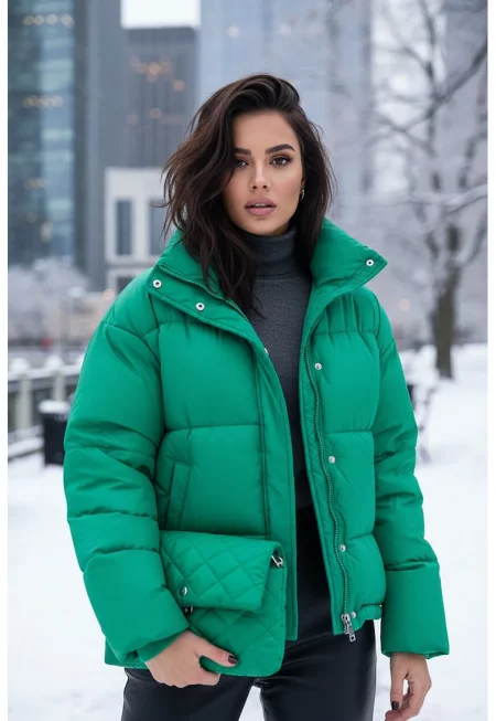 Яке  пухено - зелено - късо - ежедневно - с висока яка - цип - джобове