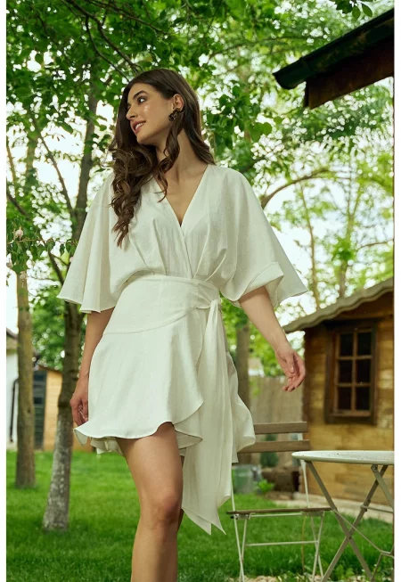 Застъпена рокля Franca с лен - Мръснобял