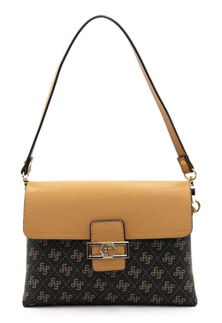 Чанта от екологична кожа с презрамка за рамо и десен - Черен - Избеляло черно/Карамел - 17x25x10