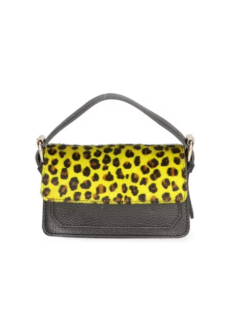 Чанта през рамо от кожа и кожа с косъм - Кафяв/Жълт/Избеляло черно