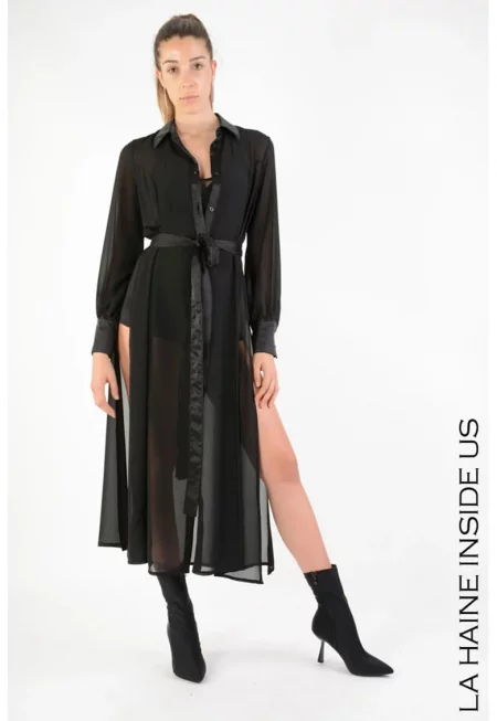 Дълга прозрачна риза с връзка за стягане на талията