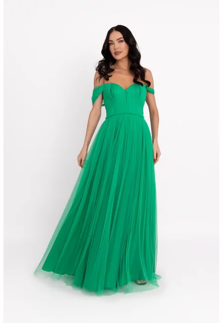 Дълга рокля с голи рамене - Зелен