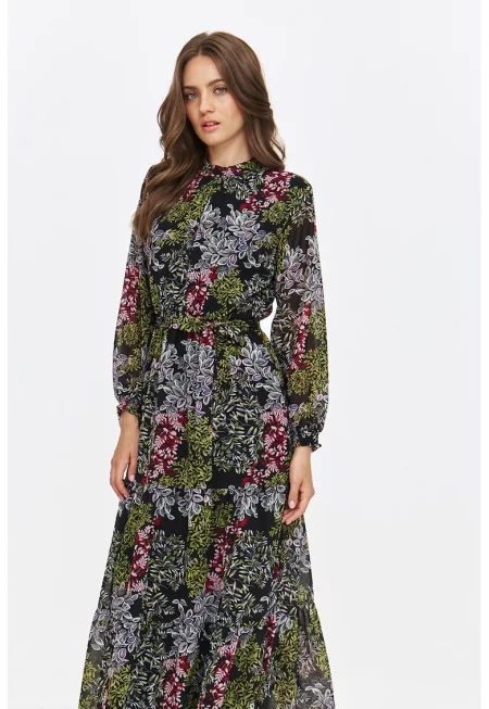 Дълга рокля с принт - Черен/Пастелнорозов/Папратово зелено