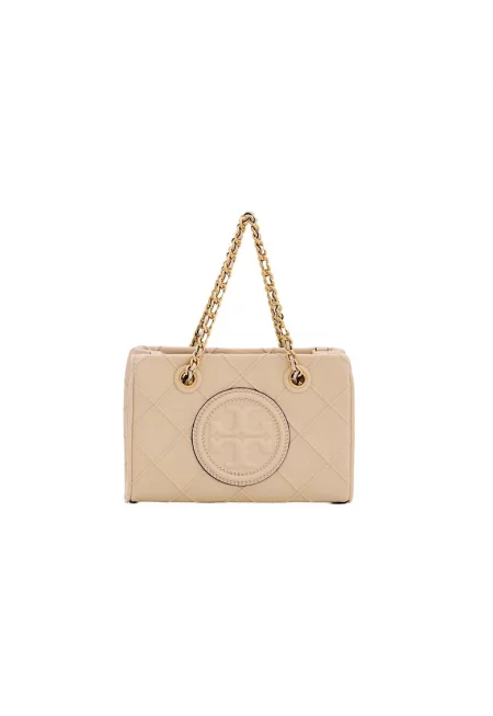 Дамска чанта Tory Burch Fleming Soft Mini Chain Tote - естествена кожа - бежова - 18 -5x13x6 см - комплект с торбичка за прах