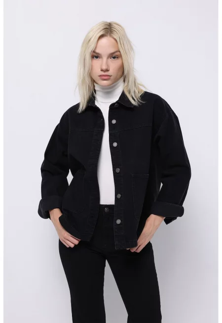 Дънково яке с пришити джобове - Черен