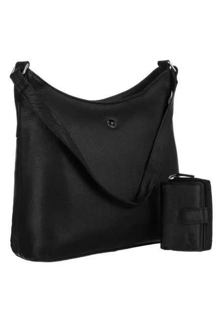 Естествена кожена чанта за рамо -  черна - с включен RFID портфейл