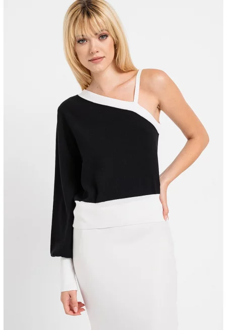 Фино плетен пуловер с голо рамо - Бял/Черен